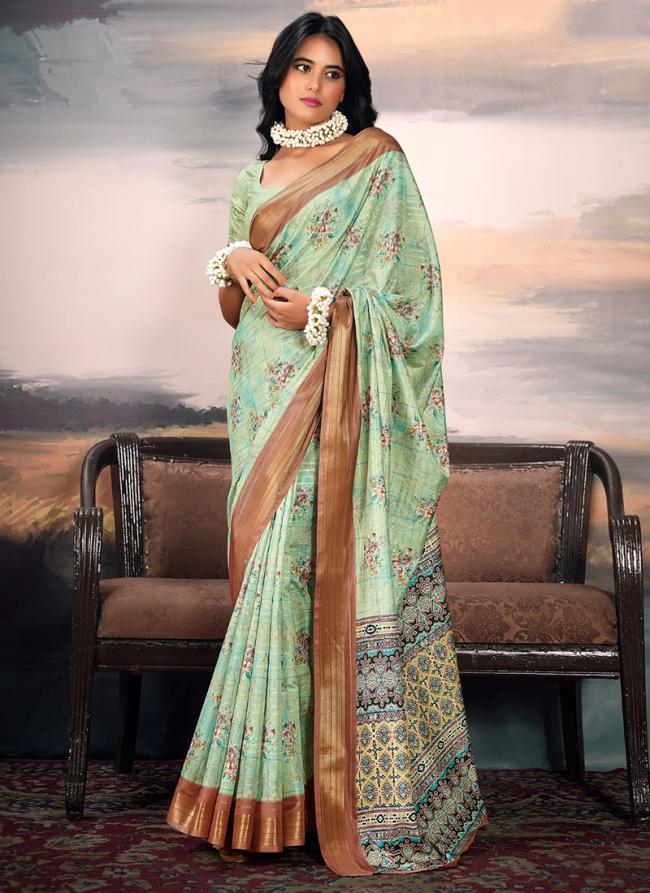 Cotton Silk Mint Traditional Wear Printed Saree